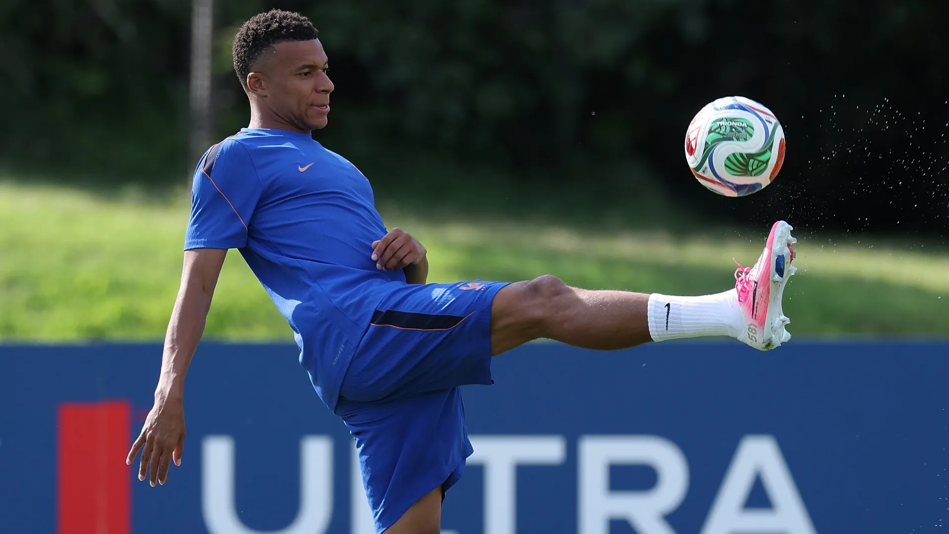 Kylian Mbappe #10 of France warms up during a training session.