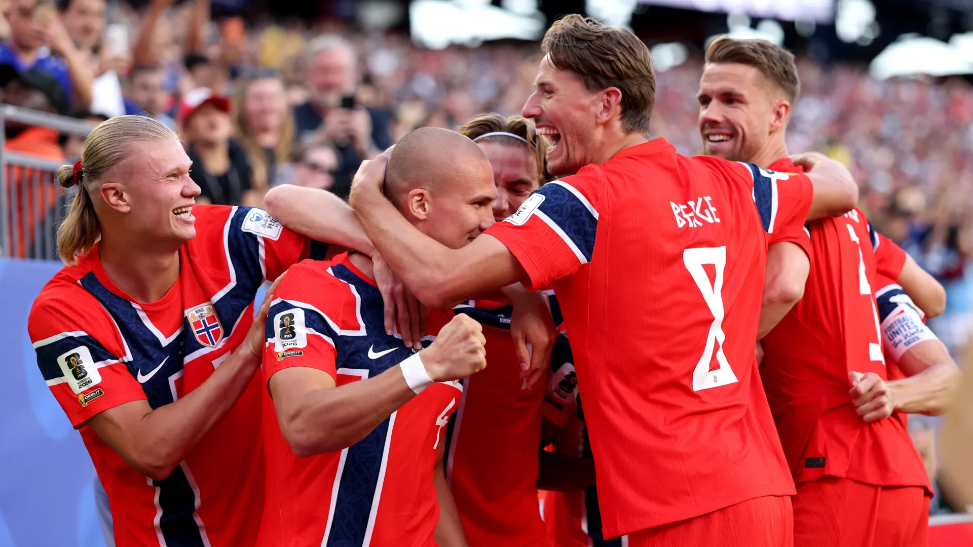 Leo Ostigard #4 of Norway celebrates with teammates after scoring vs Iraq. (Getty Images)