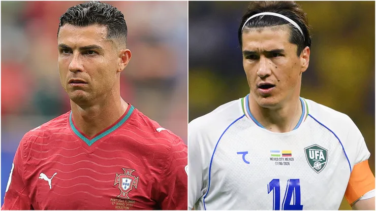 Cristiano Ronaldo #7 of Portugal and Eldor Shomurodov #14 of Uzbekistan.