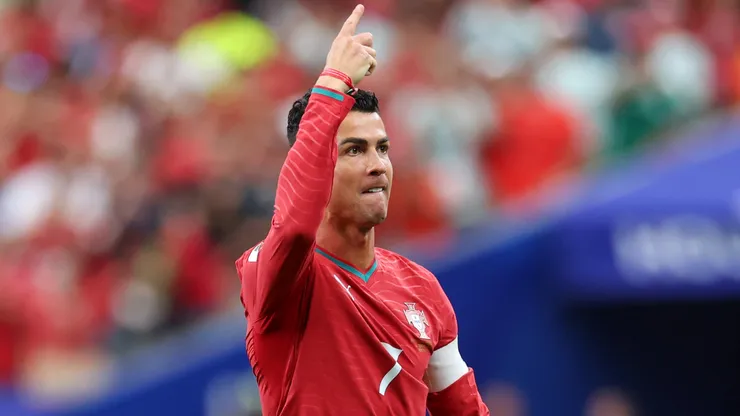 Cristiano Ronaldo #7 of Portugal celebrates scoring a goal.