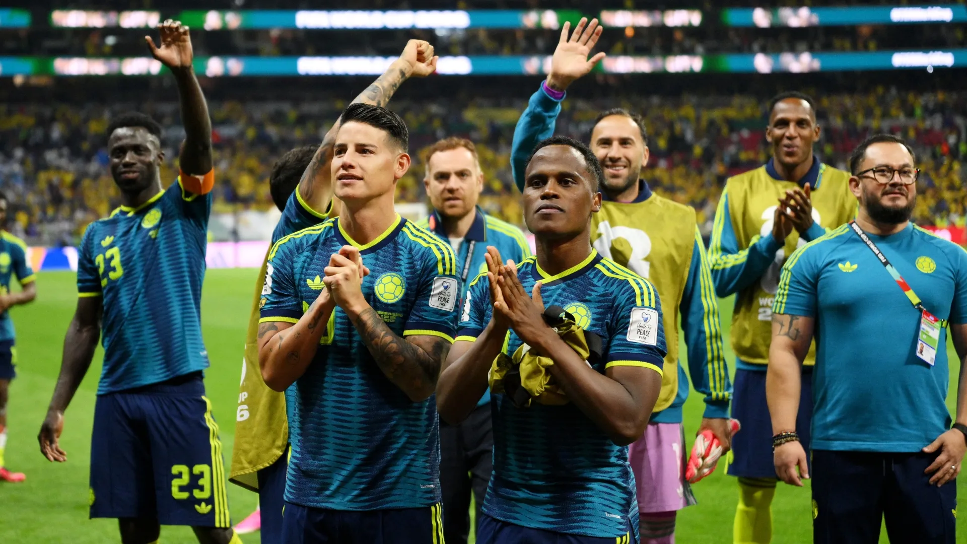 James Rodriguez, Jhon Arias and players of Colombia applaud fans.
