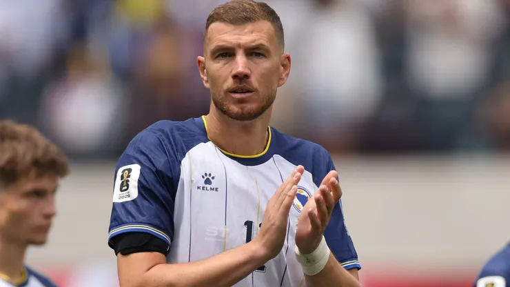 Bosnia and Herzegovina, striker Edin Dzeko applauds the fans.