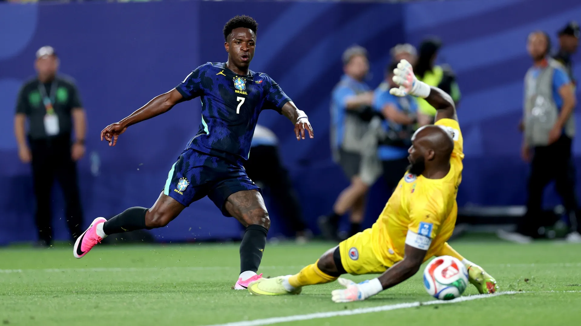 Vinicius Junior #7 of Brazil scores against Haiti.