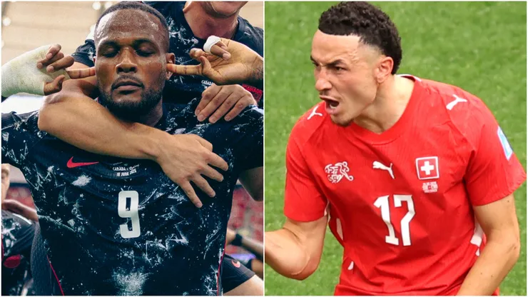 Cyle Larin #9 of Canada celebrates and Ruben Vargas #17 of Switzerland celebrates.