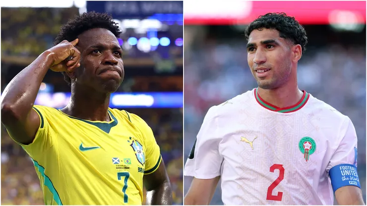Vinicius Junior #7 of Brazil and Achraf Hakimi #2 of Morocco.