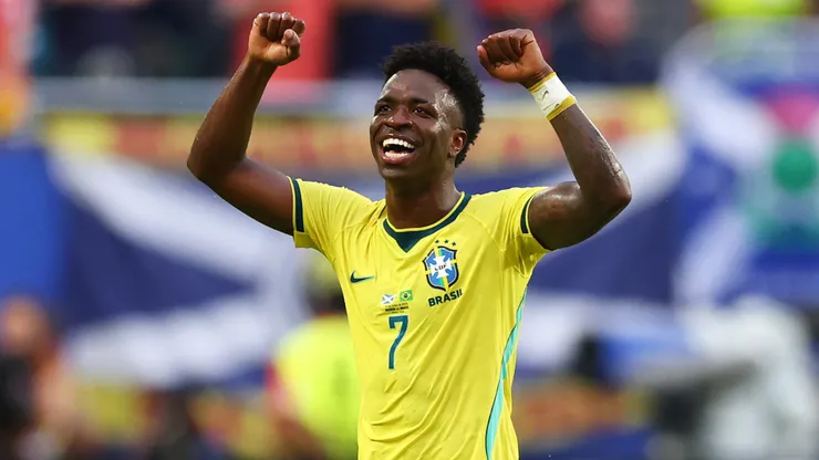 Vinicius Jr celebrates a goal for Brazil.