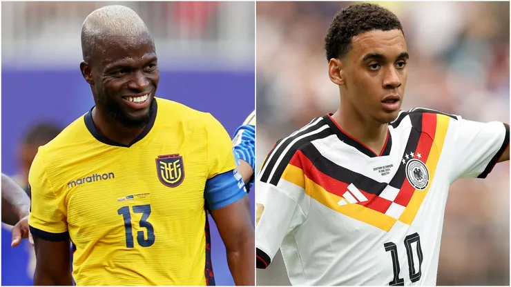 Enner Valencia #13 of Ecuador and Jamal Musiala #10 of Germany.