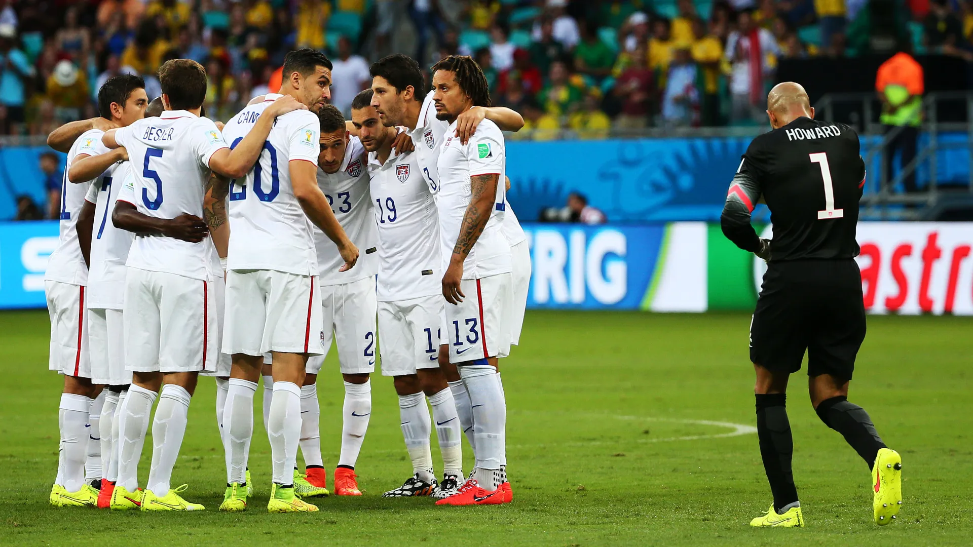 Tim Howard of the United States walks to huddle with his team during the 2014 FIFA World Cup