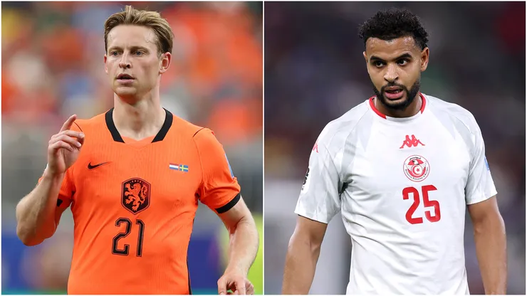 Frenkie de Jong of the Netherlandsa and Anis Slimane of Tunisia.