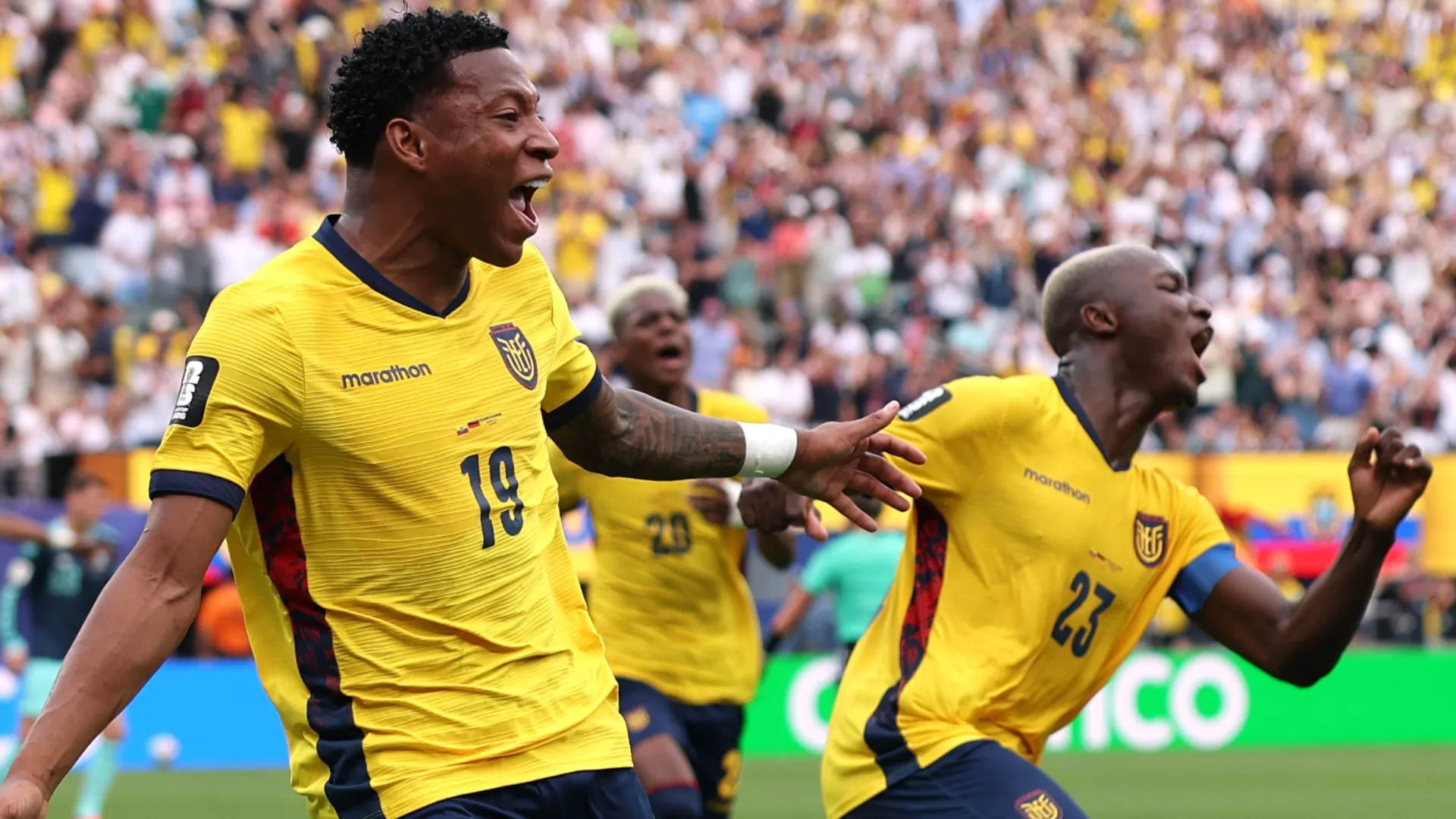 Gonzalo Plata #19 of Ecuador celebrates scoring a goal.