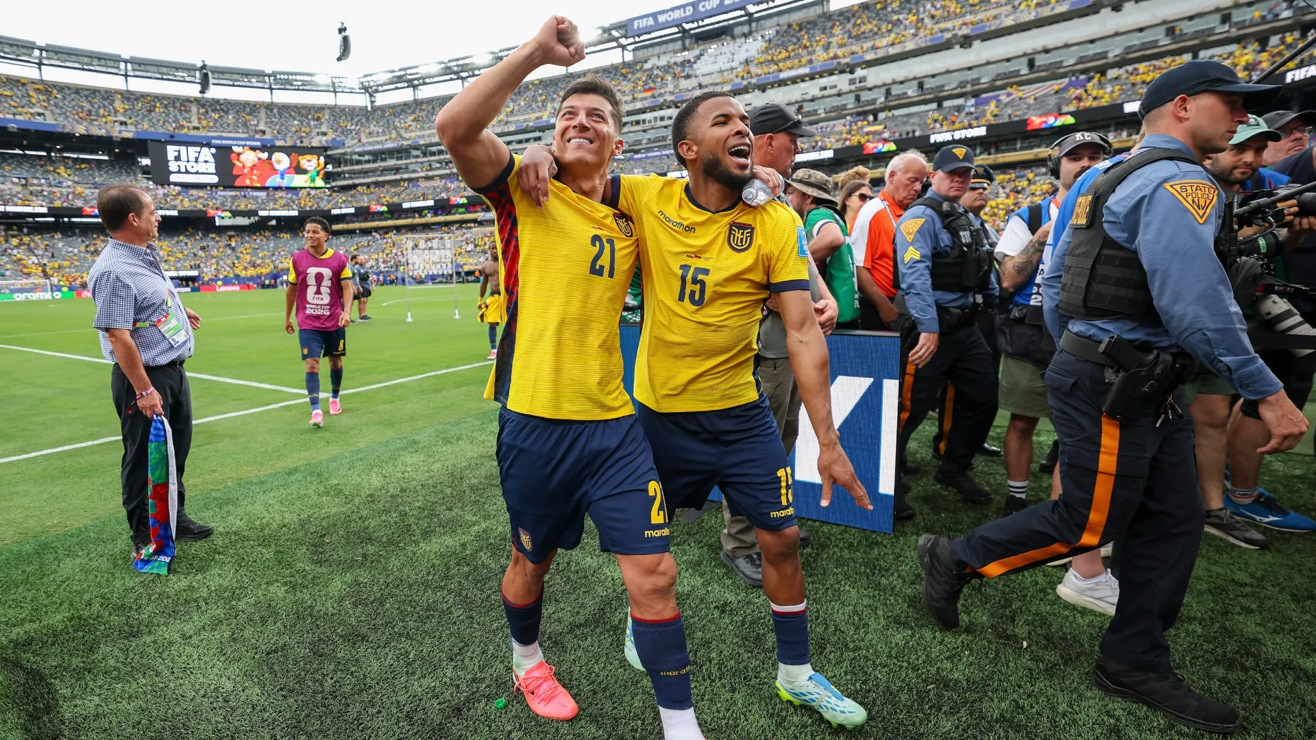 Alan Franco #21 and Pedro Vite #15 of Ecuador celebrate after the 2-1 win.