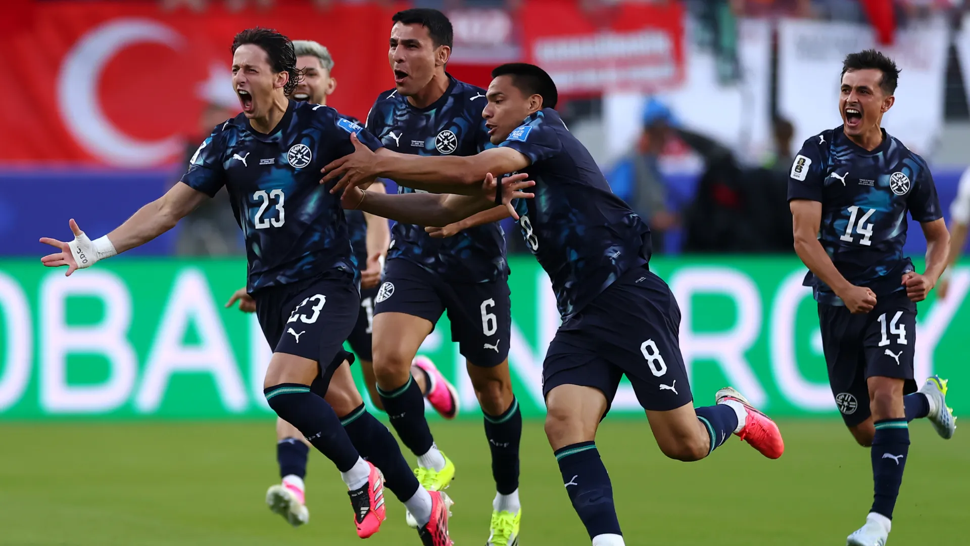 Matias Galarza #23 of Paraguay celebrates a goal vs Turkiye. (Getty Images)