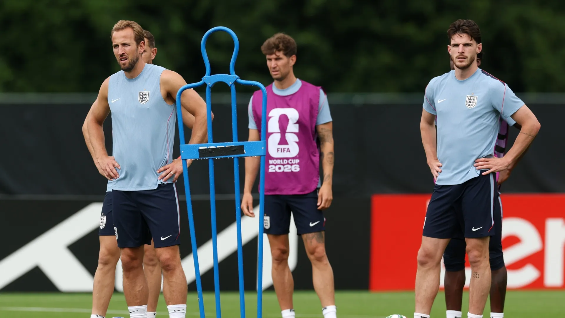 Harry Kane #9 and Declan Rice #4 of England during training.