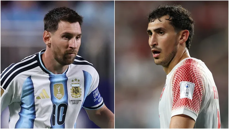 Lionel Messi #10 of Argentina and Mohammad Abualnadi #16 of Jordan.