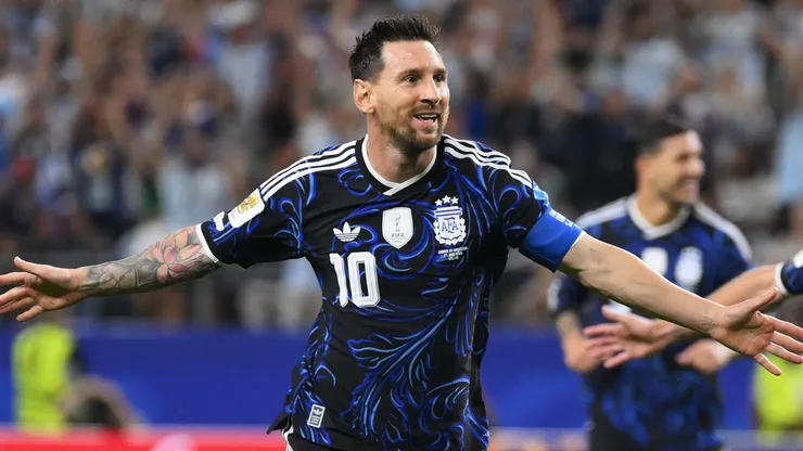 Lionel Messi #10 of Argentina celebrates after scoring against Jordan.