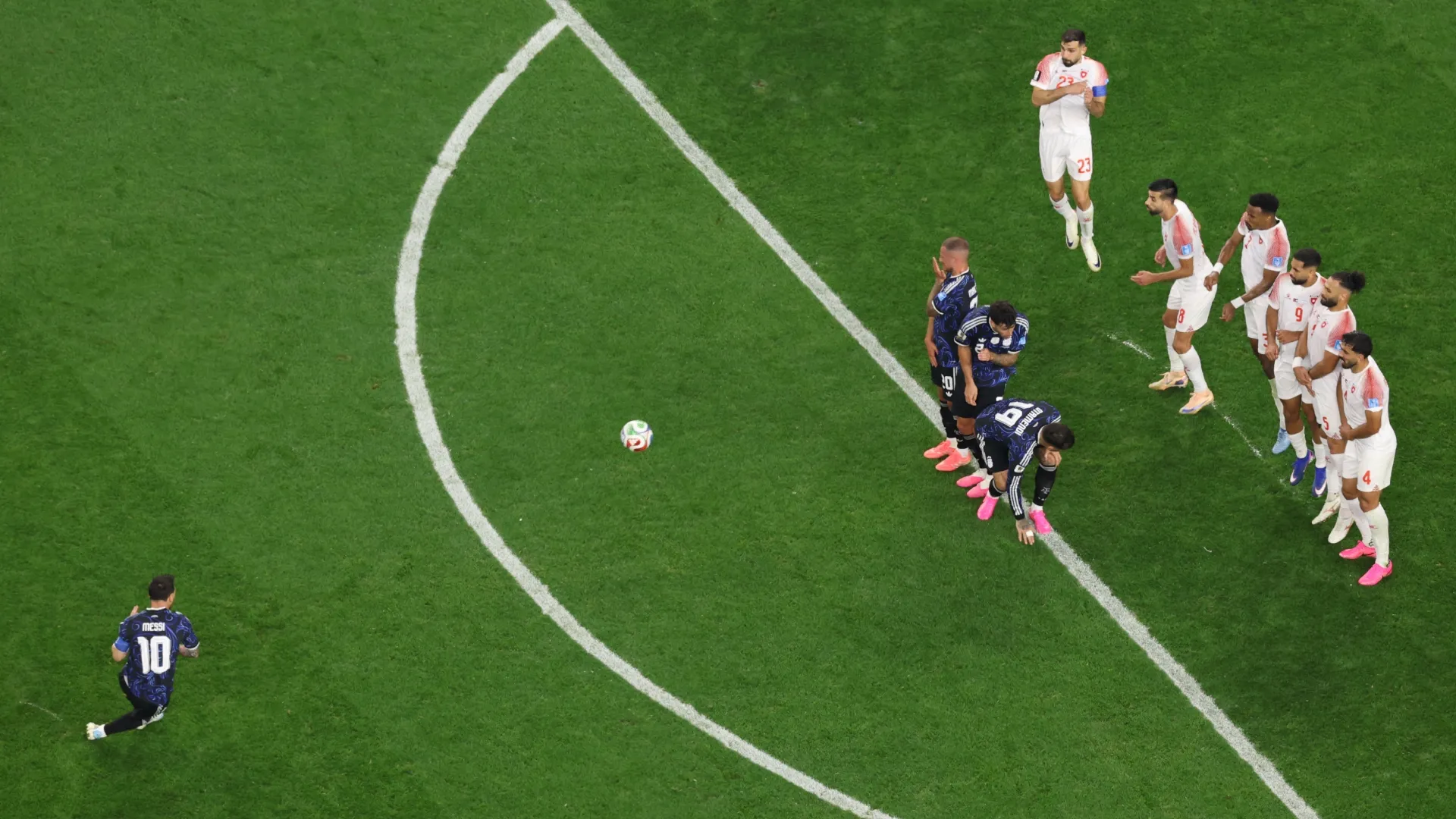 Lionel Messi #10 of Argentina scores his team's third goal from a free kick.