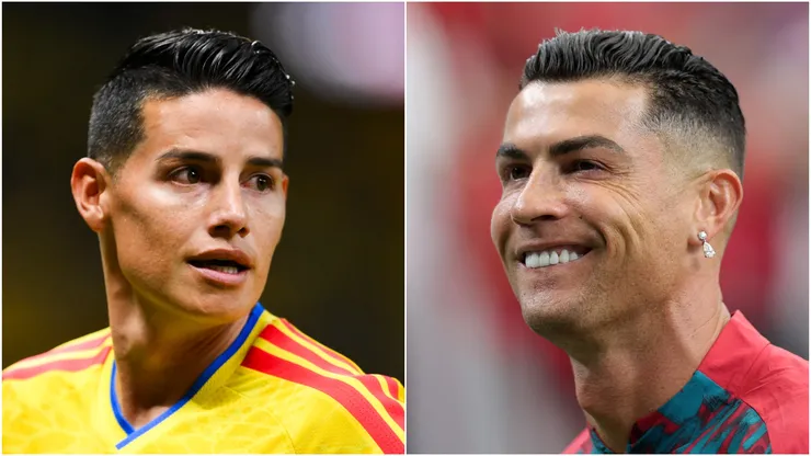 James Rodriguez #10 of Colombia and Cristiano Ronaldo #7 of Portugal.