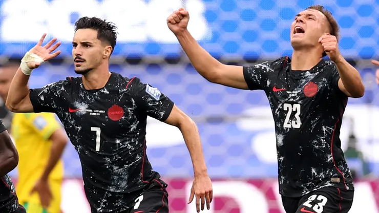 Stephen Eustaquio #7 of Canada celebrates scoring a goal.
