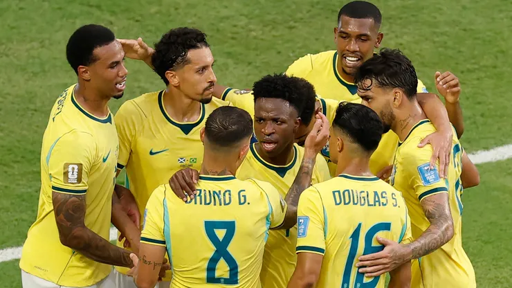 Vinicius Junior #7 of Brazil celebrates with teammates.
