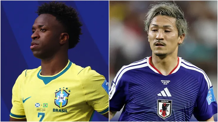 Vinicius Junior #7 of Brazil and Daizen Maeda #11 of Japan.