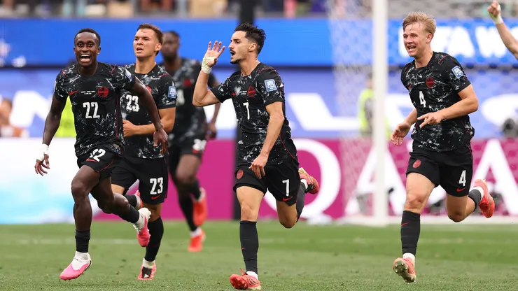 Stephen Eustaquio #7 of Canada celebrates scoring his team's goal vs South Africa.