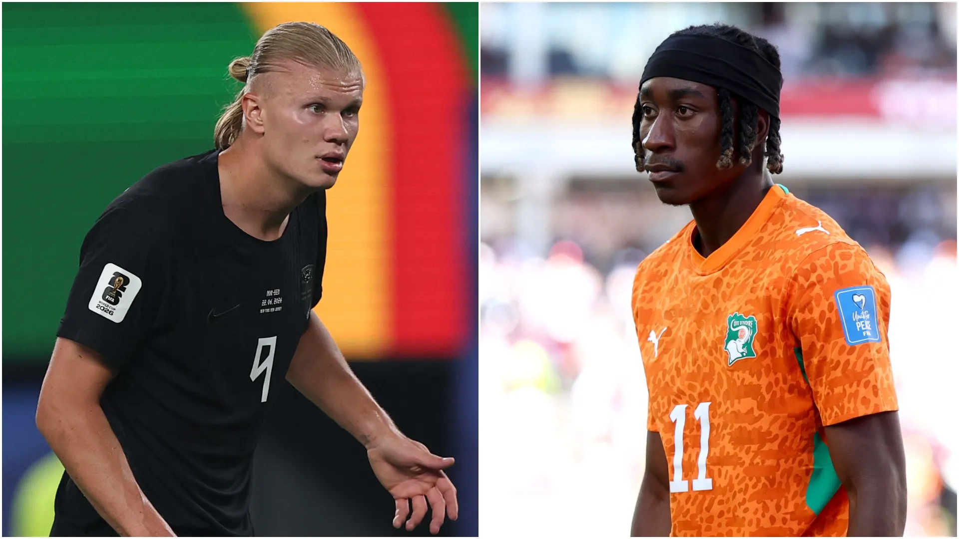 Erling Haaland #9 of Norway and Yan Diomande #11 of Cote d'Ivoire.