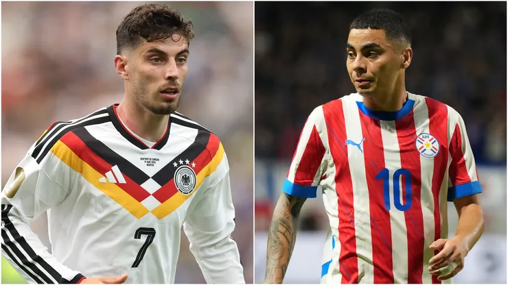 Kai Havertz of Germany and Miguel Almiron of Paraguay.