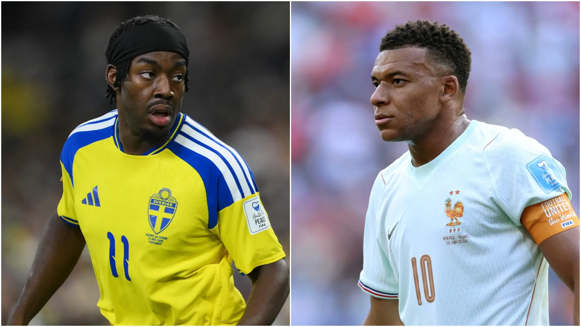 Anthony Elanga #11 of Sweden and Kylian Mbappe #10 of France.