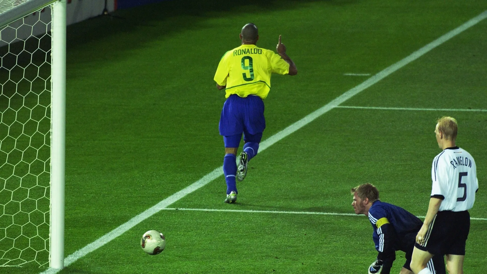 Ronaldo of Brazil celebrates after scoring against Germany.