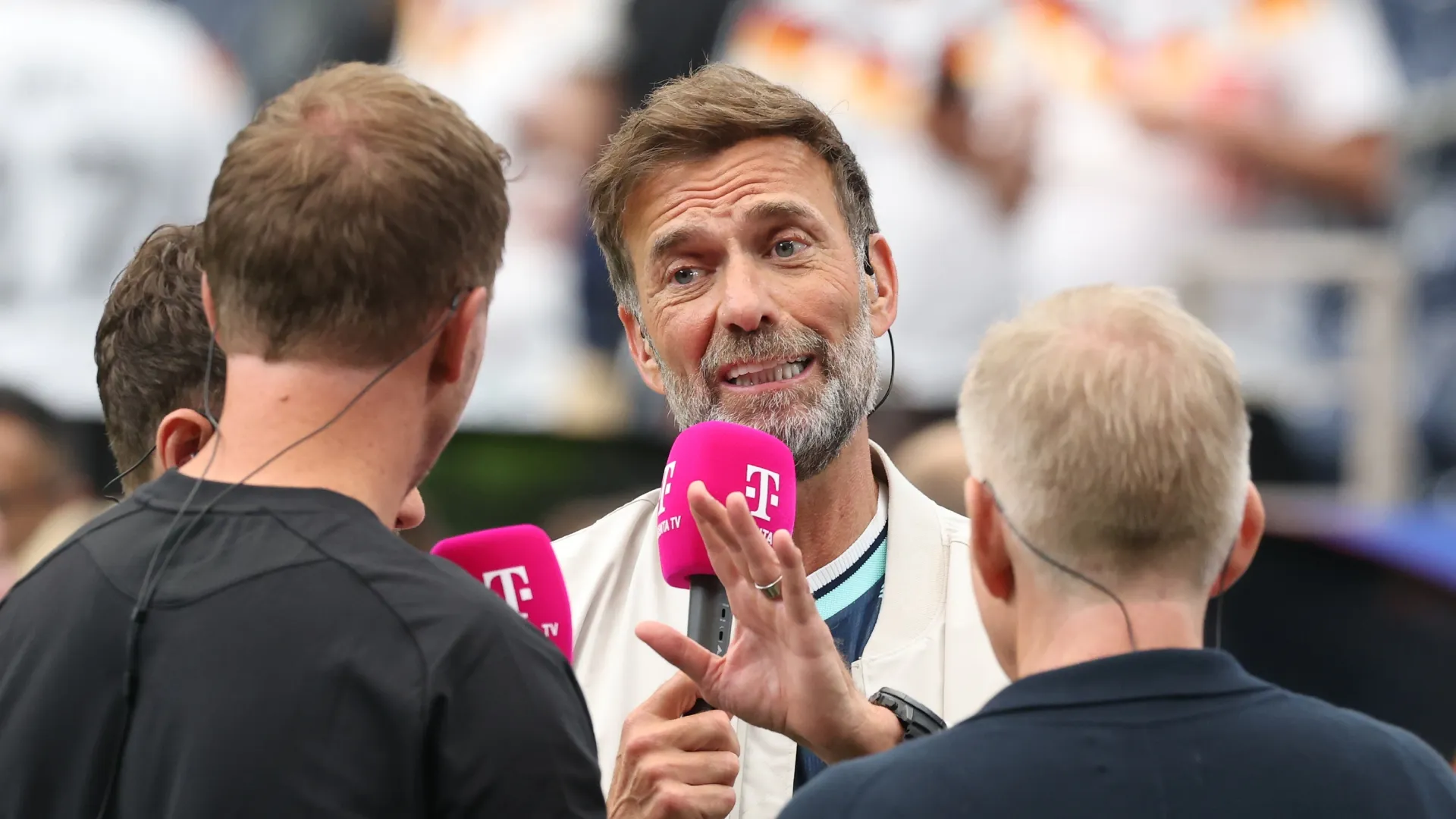 Jurgen Klopp commentates with Julian Nagelsmann and Thomas Muller after game between Germany and Curacao.