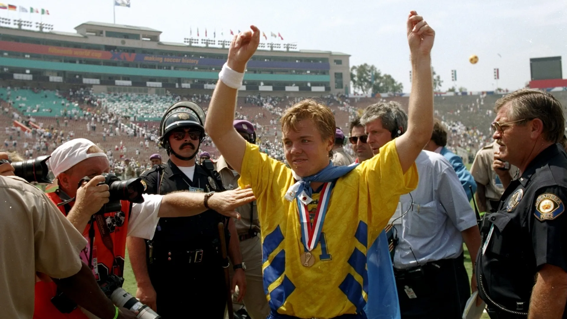Tomas Brolin of Sweden celebrates after earning the World Cup third place.