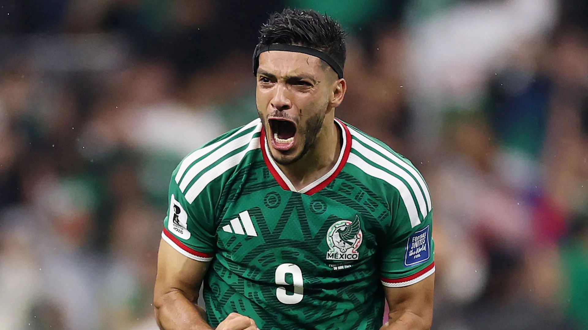 Raul Jimenez #9 of Mexico celebrating.
