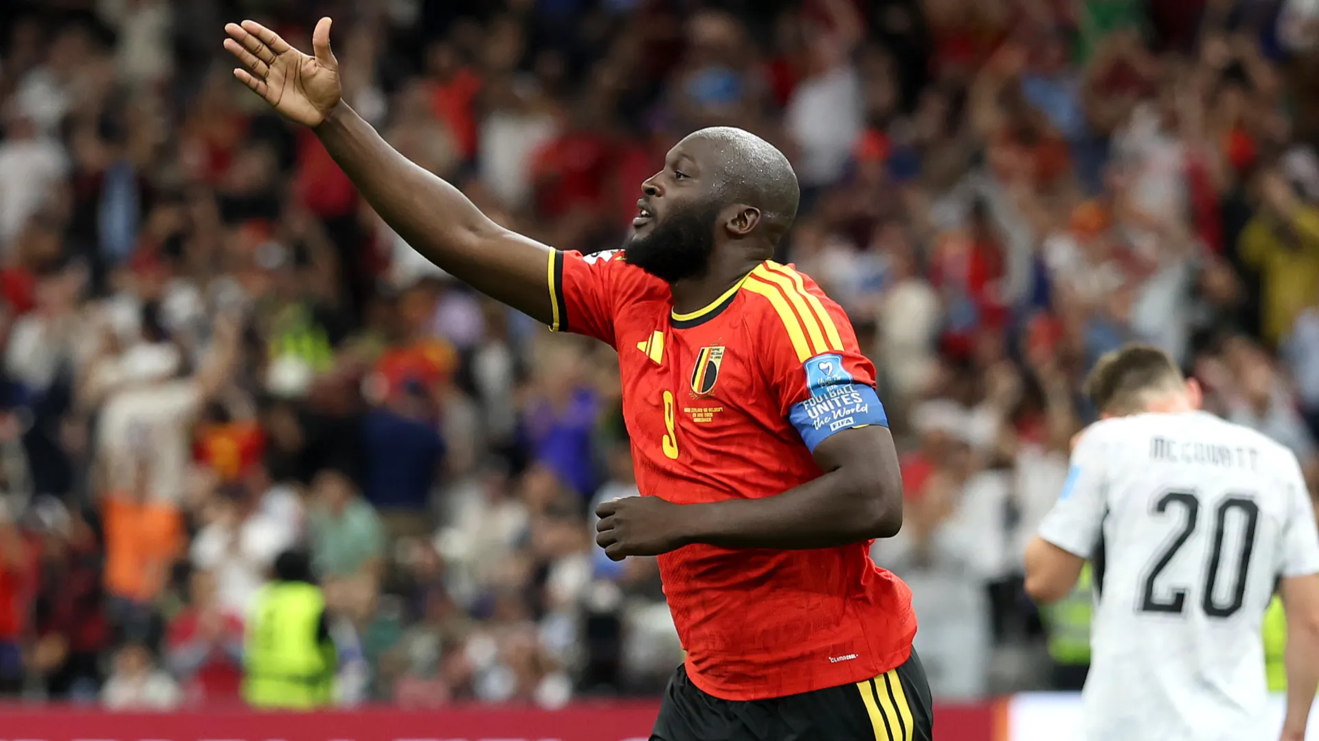 Romelu Lukaku celebrates a goal vs New Zealand. (Getty Images)