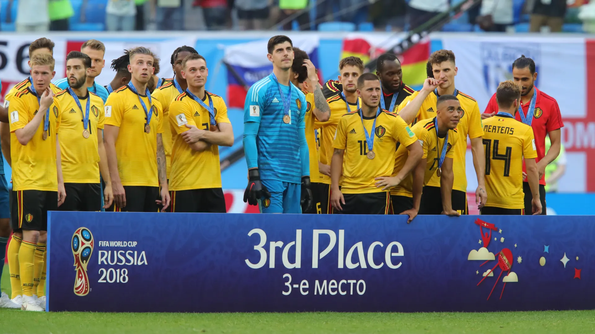 Belgium players after recieving their third place medals at Russia 2018. (Getty Images)