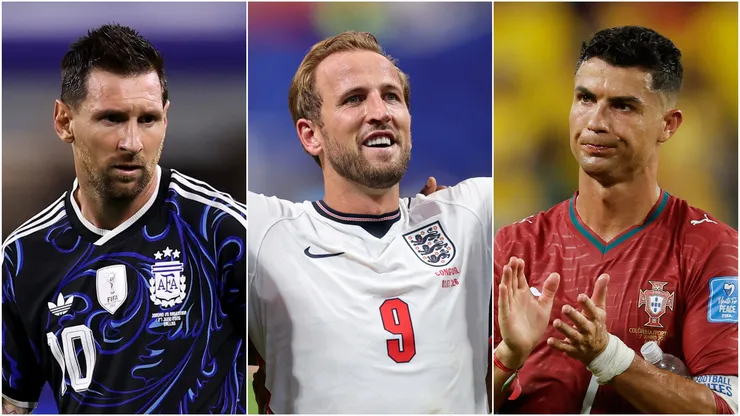 Lionel Messi #10 of Argentina, Harry Kane #9 of England, and Cristiano Ronaldo #7 of Portugal.