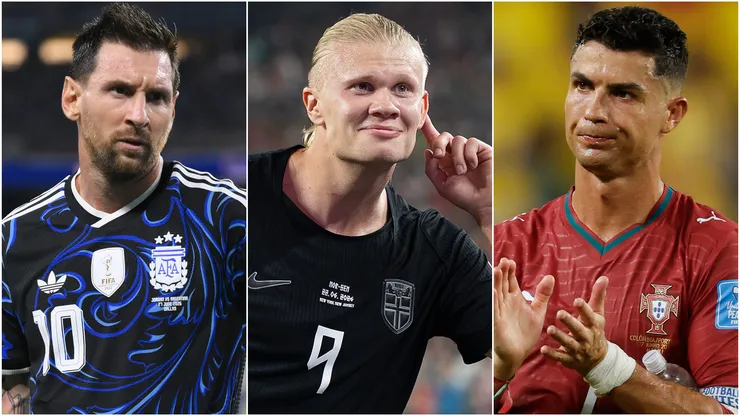 Lionel Messi (left), Erling Haaland (center), and Cristiano Ronaldo (right)