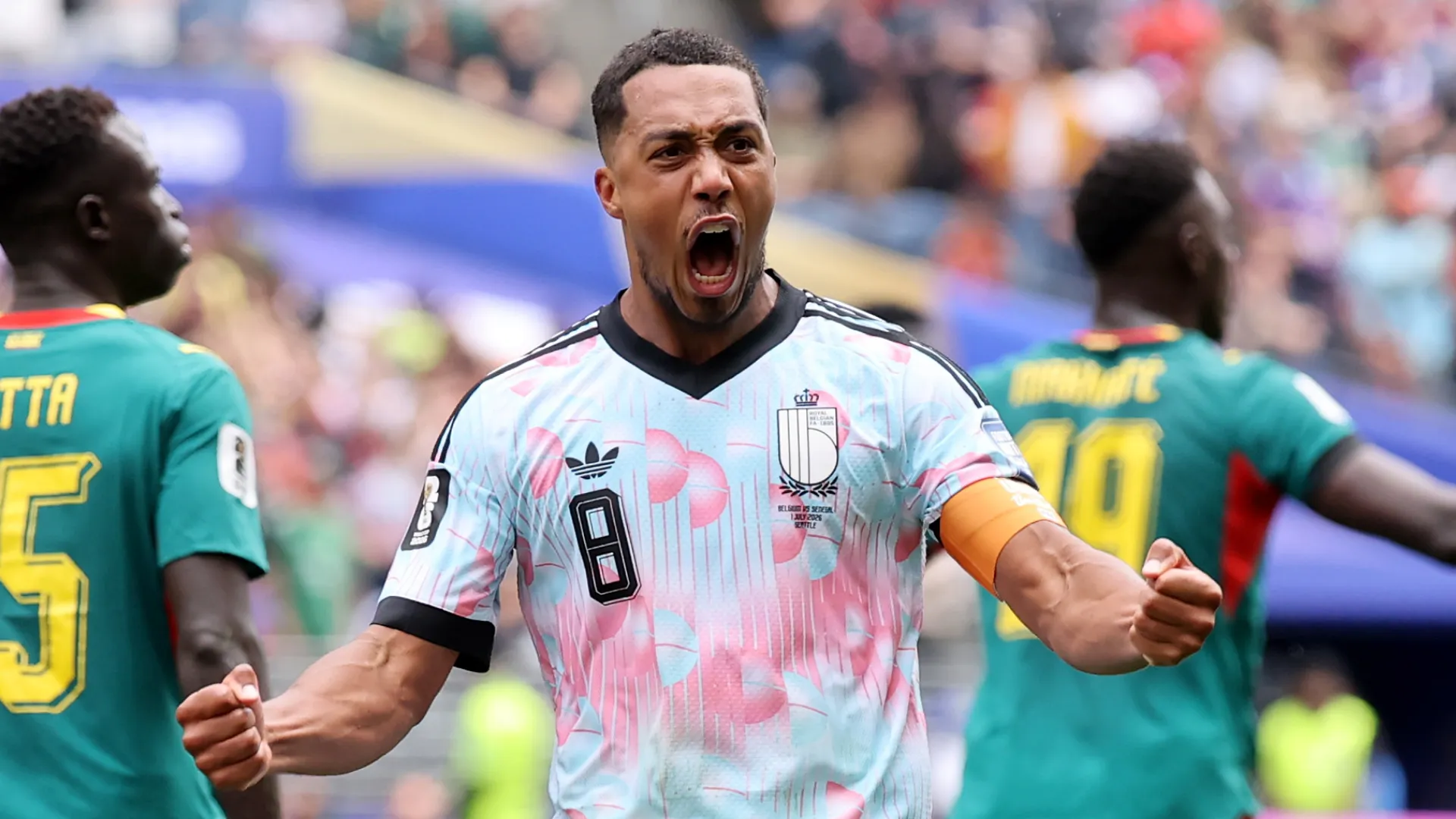 Youri Tielemans #8 of Belgium celebrates a goal vs Senegal.