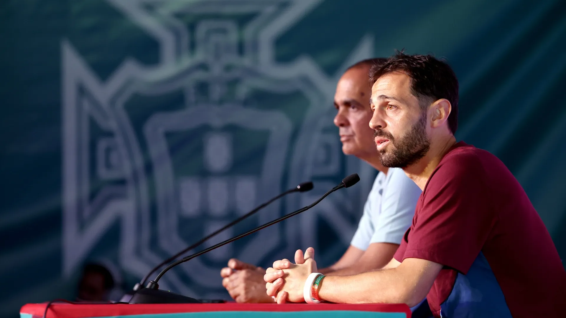 Bernardo Silva #10 of Portugal attends a press conference.