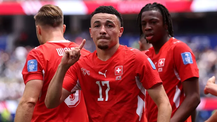 Ruben Vargas #17 of Switzerland celebrates scoring a goal.