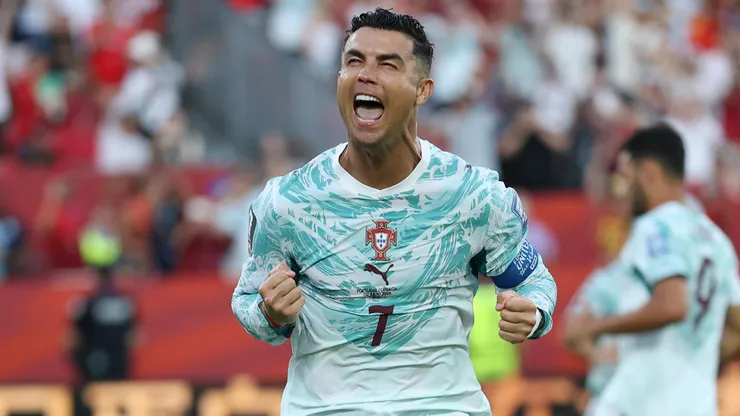 Cristiano Ronaldo #7 of Portugal celebrates after scoring against Croatia.
