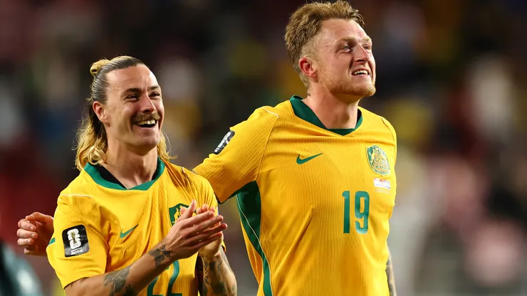 Jackson Irvine and Harry Souttar of Australia
