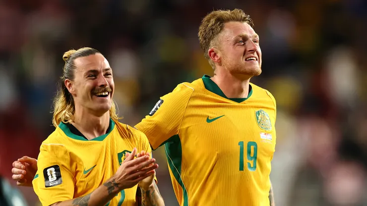 Jackson Irvine and Harry Souttar of Australia.