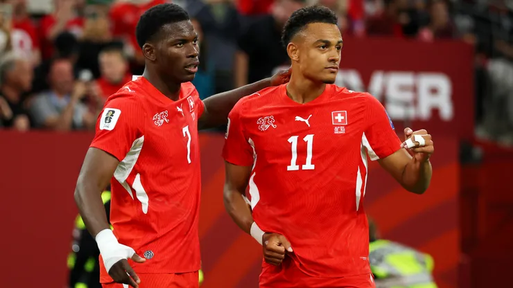 Breel Embolo #7 of Switzerland celebrates a goal vs Algeria.