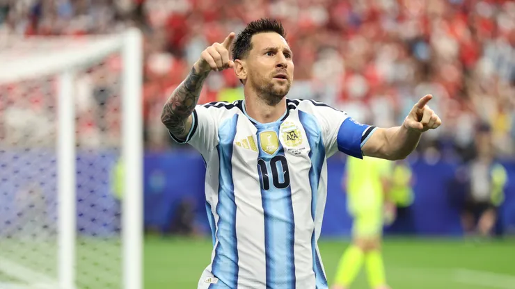 Lionel Messi #10 of Argentina celebrates after scoring a goal.