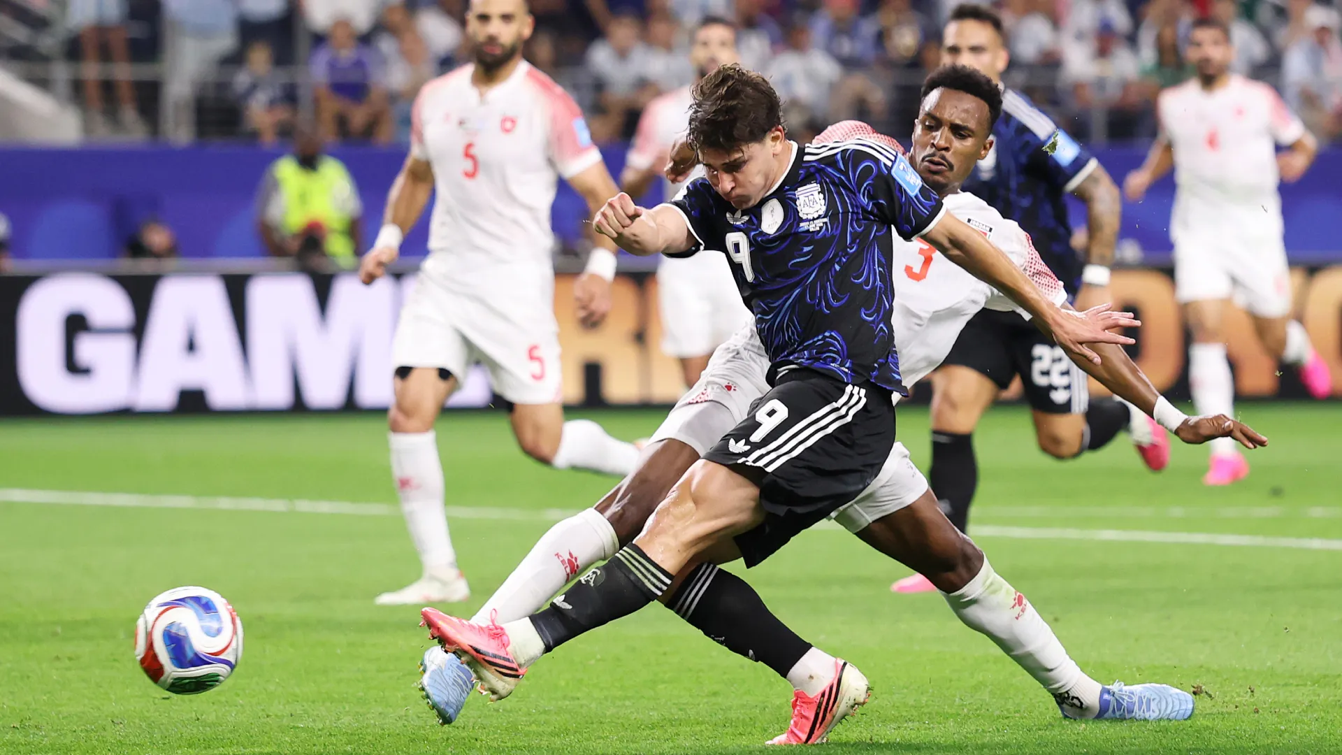 Julian Alvarez #9 of Argentina takes a shot at goal vs Jordan. (Getty Images)