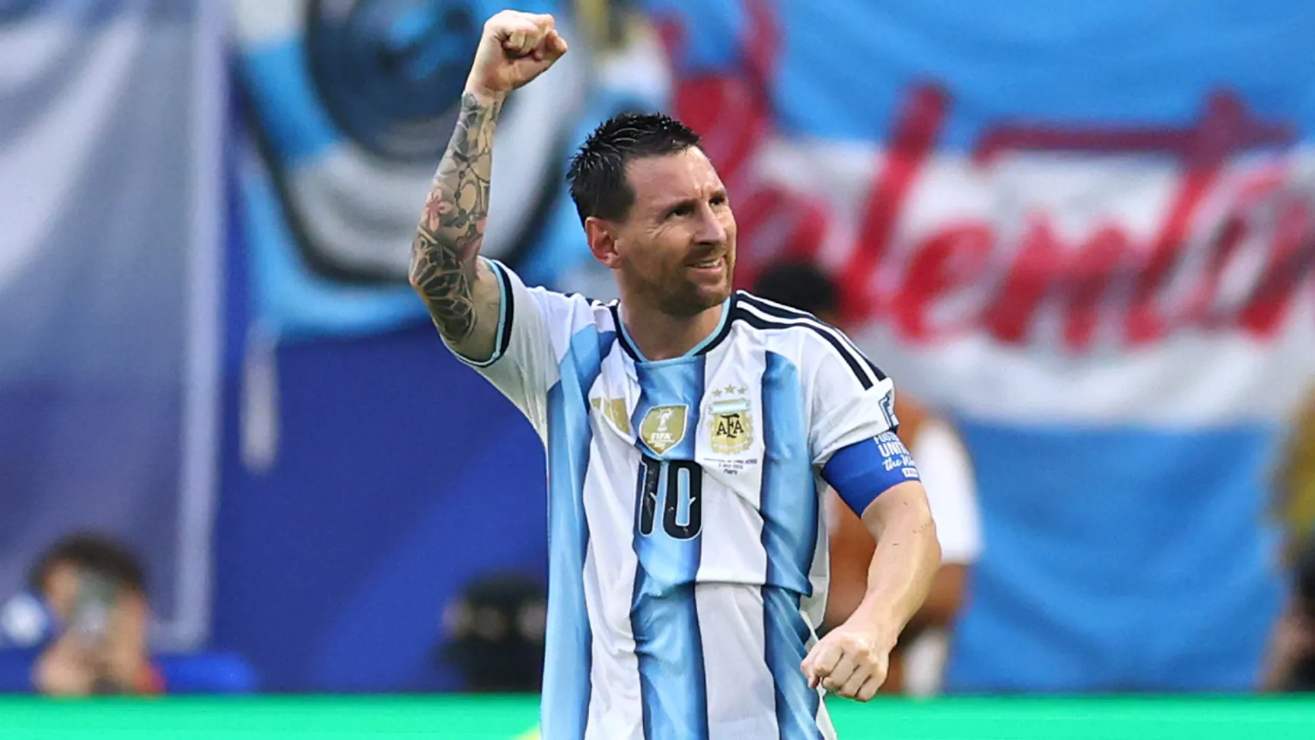 Lionel Messi celebrates a goal for Argentina.