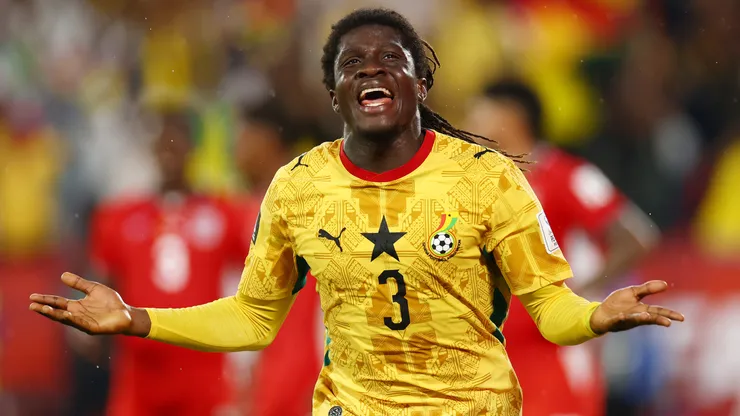 Caleb Yirenkyi #3 of Ghana celebrates a goal.