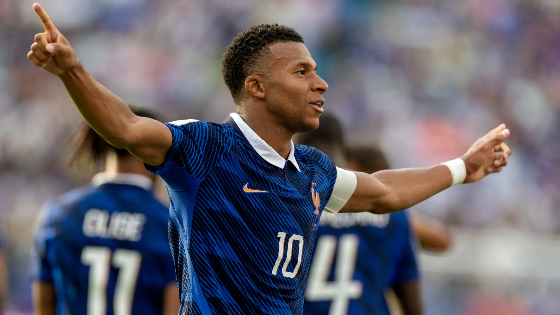 Kylian Mbappe celebrates a goal for France. (Getty Images)