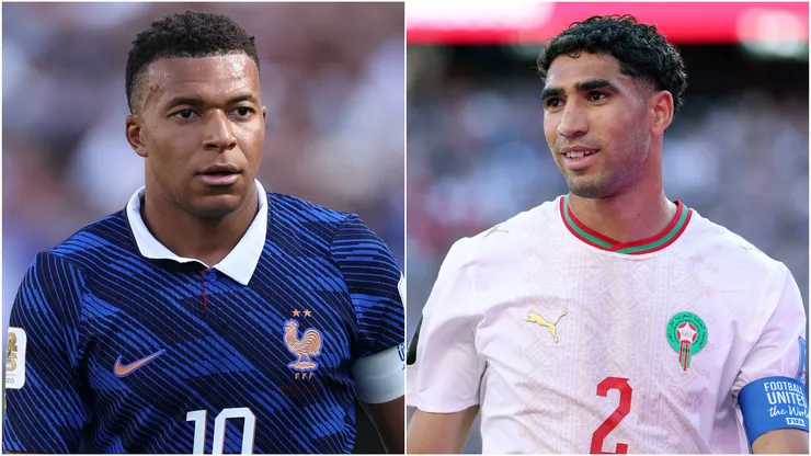 Kylian Mbappe of France and Achraf Hakimi of Morocco.