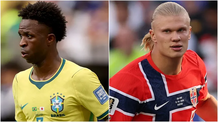 Vinicius Junior #7 of Brazil and Erling Haaland #9 of Norway.
